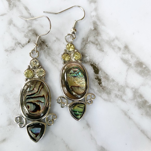 Abalone Shell Oval Earrings with Rhinestones Silver Plated Pierced 18x37mm NEW - Picture 2 of 4